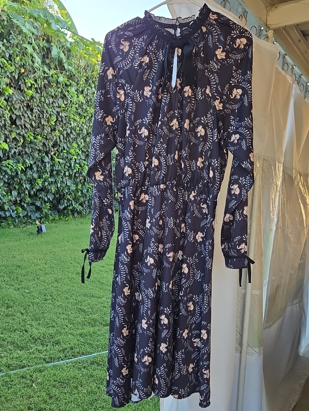 Unique Vintage Navy Floral Long-Sleeve Midi Dress